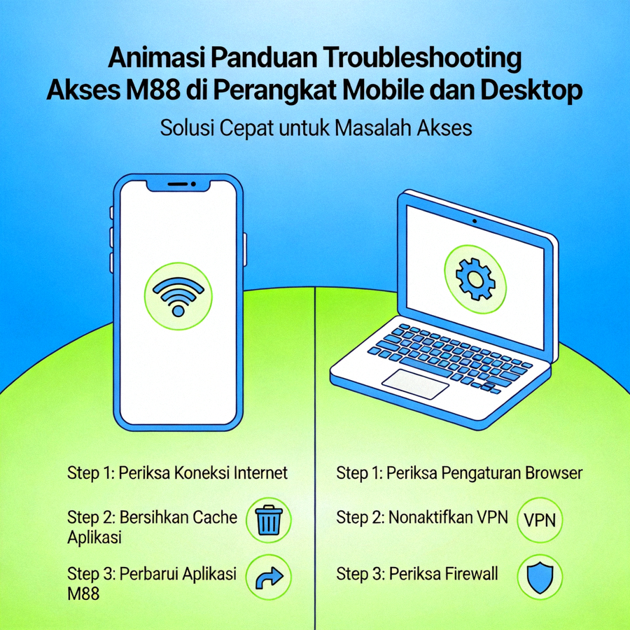 Animasi panduan troubleshooting akses M88 di perangkat mobile dan desktop